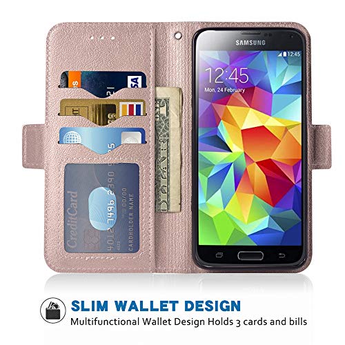 Phone Case For Samsung Galaxy S5 Folio Flip Wallet Case,Pu Leather Credit Card Holder Slots Heavy Duty Full Body Protection Kickstand Protective Phone Cover For Galaxys5 Sv I9600 Men Rose Gold #TOP4