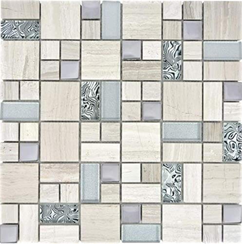 Mosaik Carrelage en acier inoxydable Gris/blanc Combinaison de vitrage Cristal Pierre Blanc Bois pour Cuisine Décor de Plaques de mosaïque Tapis de mosaïque...