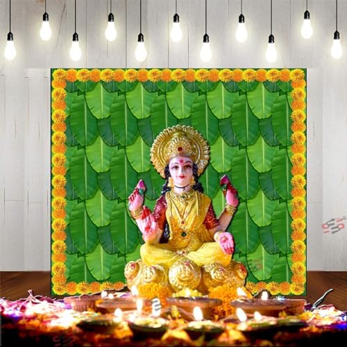 - S2S Banana Leaf with Flower Backdrop Cloth | for Pooja Decoration Traditional Background Curtain Cloth | 5 Feet Height & 5 Feet Width
