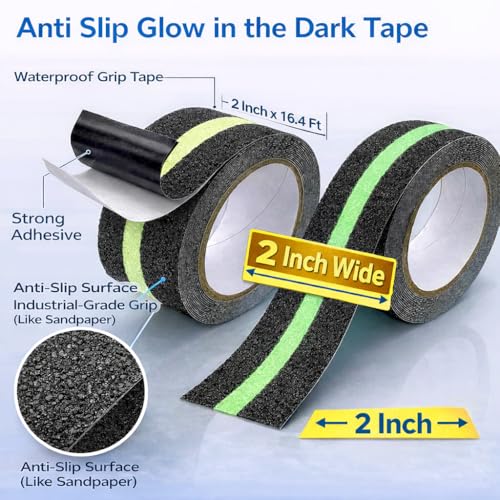 Image of Anti Slip Grip Tape with Glow in Dark 2inchx16.4ft for Stair Outdoor | Non Slip Grip Tape for Stairs Indoor and Outdoors Glow-in-the-Dark, Waterproof Traction Stair Treads