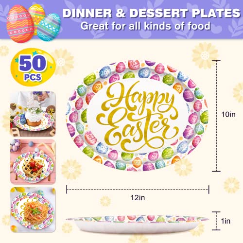 50 Count Easter Paper Plates, Happy Easter Bright Eggs 10" X 12" Oval Large Disposable Dinner Dessert Salad Party Plates Serving Dish Tray For Spring Holiday Easter Decorations Party Supplies #TOP2
