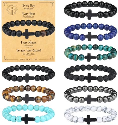 SONNYX 10PCS Religious Cross Beaded Bracelets for Men Adjustable Stretchy 8MM Natural Stone Bead Christian Gifts Faith Based Jewelry Jesus Bracelet