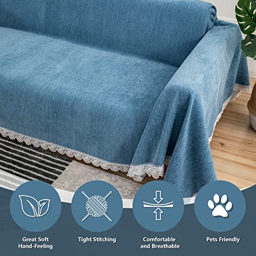 Mysky Home Sectional Sofa Covers Blue Couch Covers For 3 Cushion Couch Sofa Chenille Couch Cover Living Room Multi-Use L Shaped Sofa Slipcovers For Dogs Cats Kids Lace Edge 71" X 134" #TOP3