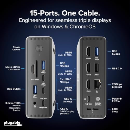 Plugable USB-C Triple Display Laptop Docking Station 3 Monitors, 15-in-1: 3X HDMI, Dual 4K or Triple (1x 4K60 + 2X 1080p) 2.5GbE, 100W PD, 30W USB-C Charge Port, Driverless for Windows, UD-MSTH3 - 3