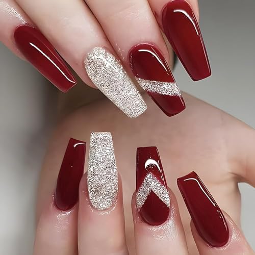 plalely Coffin Press on Nails Long Red Stick on Nail Tips Nails Press ons with Sparkly Glitter Press on False Nails for Women 24pcs