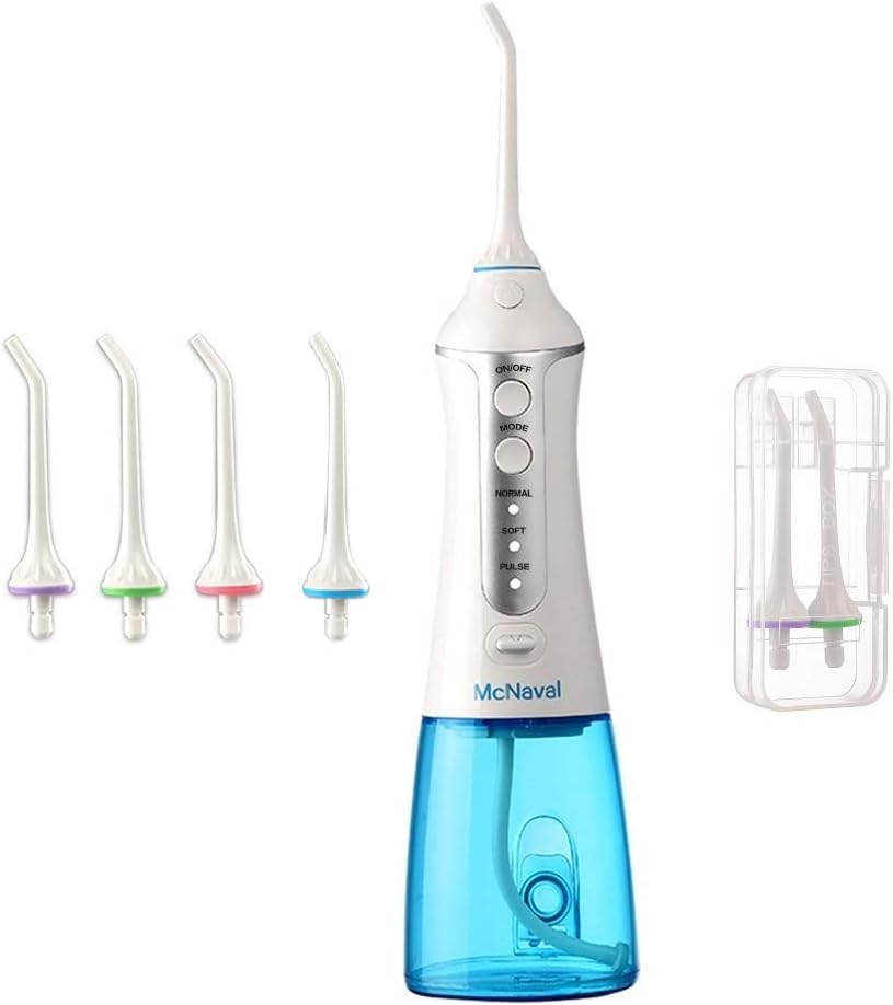 Water Flosser Cordless Dental Teeth Cleaner - McNaval Portable Water Flossing with 300ML Large Cleanable Water Tank USB Rechargeable IPX7 Waterproof 3-Mode with 4 Jet Tips