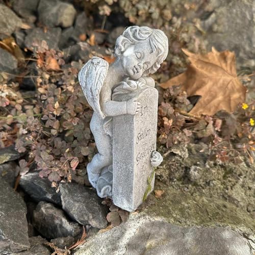 eberin365 GRABWELT Ange funéraire en forme d'ange funéraire - Ange au repos - Inscription en allemand « Trauergedenken in stillem Gedenken » - Décoration funéraire beige antique - Résistant aux