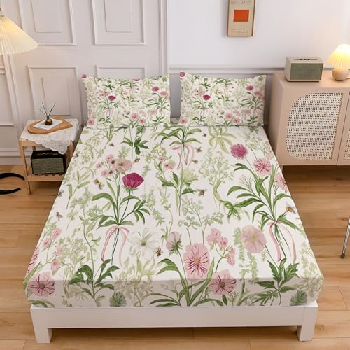 Sábana Bajera Ajustable 3 Piezas 105x190cm, Estampado Flores Hojas Verdes Juegos de Cama, Plantas Clásicas Microfibra Transpirable 30 cm de Profundidad con 2 Fundas de Almohada, Verde