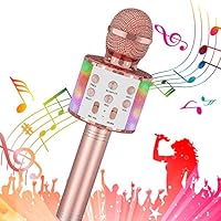 Fauxpont Micrófono Karaoke Bluetooth,5 en 1 Portátil USB Micrófono Inalámbrico Karaoke Micrófono Niña con Luces LED,Niños Canta Partido Musica,Regalo Niños Compatible con Android e iOS (Oro Rosa)