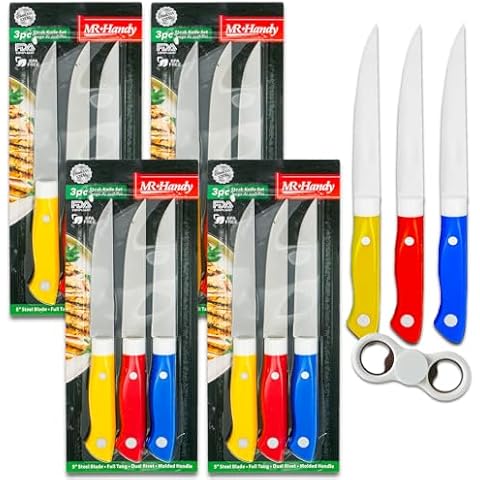 World's Finest Kitchen Steak Knife Set - 12 Colorful Knives with 9" Handle Triple Rivet, Non-Serrated Stainless Steel Blade, for Restaurant Camping, Dishwasher Safe Cover