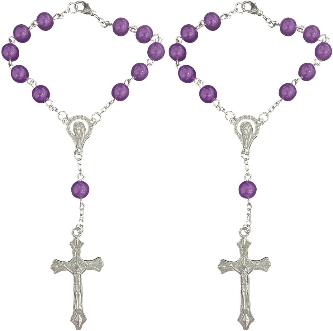 2PCS Purple Rosary Pendant for Rearview Mirror, Car Interior Rear View Mirror Charm Auto Decor, Medal and Cross Personalized Hanging Accessories for Women and Men