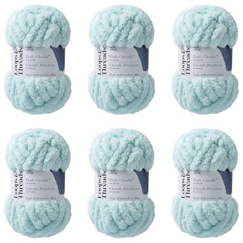 Loops & Threads Fluffy Chenille Yarn Jumbo (7) 100% Polyester Soft Fuzzy Yarn for Knitting & Crochet Blankets Hats Plushies & Sweaters 23 yd / 10.58 oz Skein 6 Pack