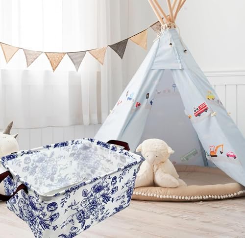 Image of Rectangle Storage Basket Cute Canvas Organizer Bin for Pet /Children Toys, Books, Clothes Perfect for Rooms /Playroom (Blue and White Porcelain)