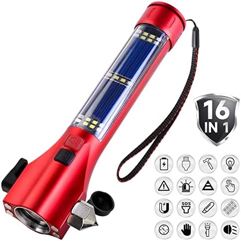 Unicumoo Car Flashlights for Emergencies, Window Breaker Seatbelt Cutter Multifunction Solar Flashlights, Waterproof LED Flashlight Rechargeable Solar Powered Emergency Flashlight for Outdoor