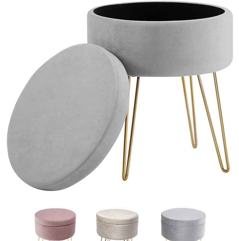 Madera Nieve Taburete Redondo para tocador, Taburete otomano, Taburete Acolchado con Funda Desmontable y Soporte de Metal. (Gray)