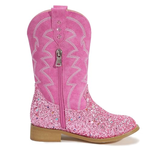 PANDANINJIA Girls Cowgirl Boots Mid Calf Sequin Cowboy Boots Toddler Little Big Kids Round Toe Western Riding Horse Shoes Booties4