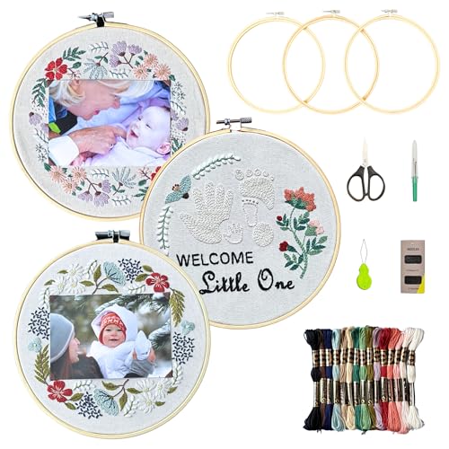 Image of La glaneuse 3 Pack Embroidery Kit for Beginners, Needlepoint Kits for Adults with Baby Hand and Footprint Stamped Embroidery Pattern, DIY Photo Frame Kit for New Mum, New Parent