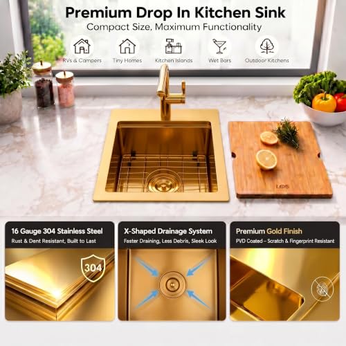 Image of LQS Brushed Gold Finish Kitchen Sink, Small Gold Drop In Bar Sink 16 inch x 18 inch with Cutting Board, 16 Gauge Stainless Steel Golden Kitchen Sink, 10 inch Depth For Daily Use, Outdoor and Prep Use