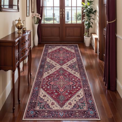 Image of 2x6 Washable Runner Rug for Hallways, Vintage Non Slip Rug Runners Burgundy