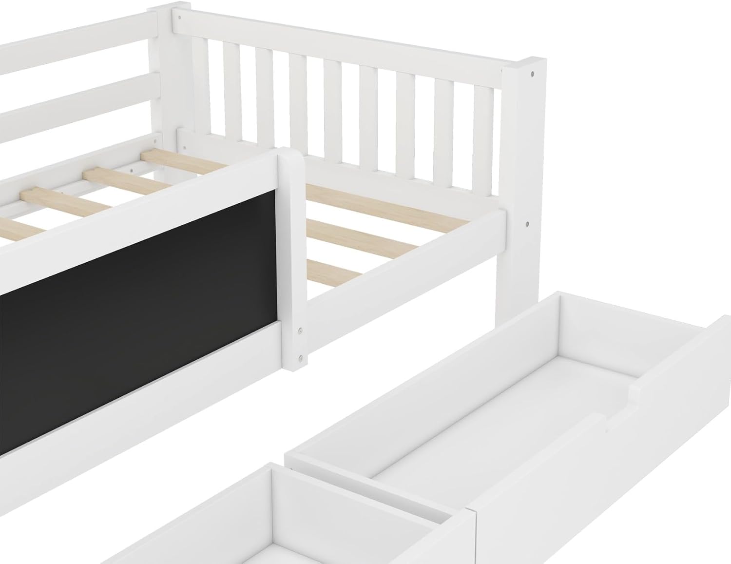 KEIKI Solid Wood Kids Twin Size Bed Frames with Chalkboard, Storage Drawers, Shelves Headboard & Guardrails, Pine Wood Captain Daybed Platform for Small Room, Bedroom, Guest Room, Kids' Room, White