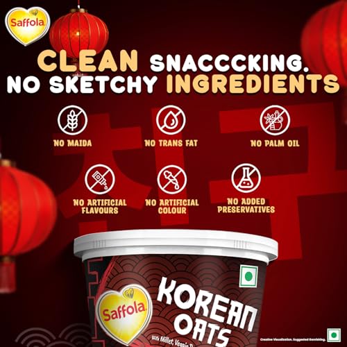 Image of Saffola Korean Cuppa Oats, Fiery Hot, with chilli dressing sachet, No added preservatives, Ready in 4 mins, 56g (Pack of 2)