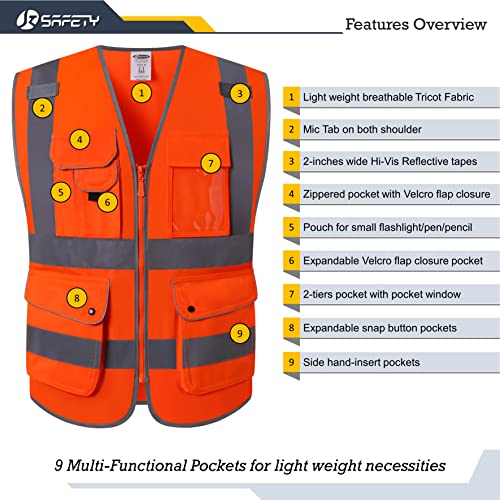 Image of JKSafety 9 Pockets Class 2 High Visibility Zipper Front Safety Vest With Reflective Strips,Meets ANSI /ISEA Standard (150 Orange L)