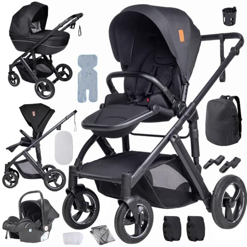 Cochecito 4 en 1,silla de paseo con acolchado grueso para un sueño más cálido,carrito de viaje con manillar ajustable en altura,chasis de aluminio(Negro)