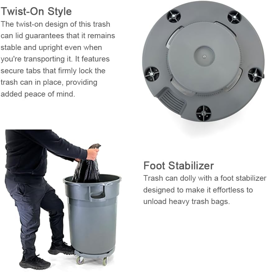Trash Can Dolly | Heavy-Duty Plastic | 5 Casters | Foot Stabilizer | 460 Lb. Capacity