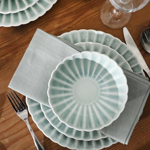 Image of Gibson Elite Peach Orchard 12-Piece New Bone China Dinnerware Set Service for 4, Embossed Fluted Plates and Bowls, Dishwasher and Microwave Safe, Aqua Blue
