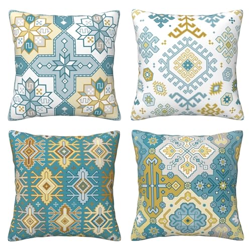 Image of HOSTECCO Kilim Cushion Covers 45x45 cm Set of 4 Boho Tribal Cushion Cases Geometric Ethnic Decorative Pillow Covers for Sofa Couch Living Room