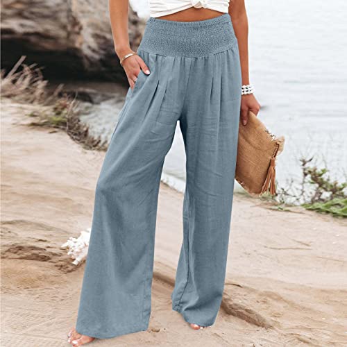 Linen Palazzo Pants for Women Trendy Summer High Waisted Wide Leg Lounge Pant Beach Boho Flowy Trousers2