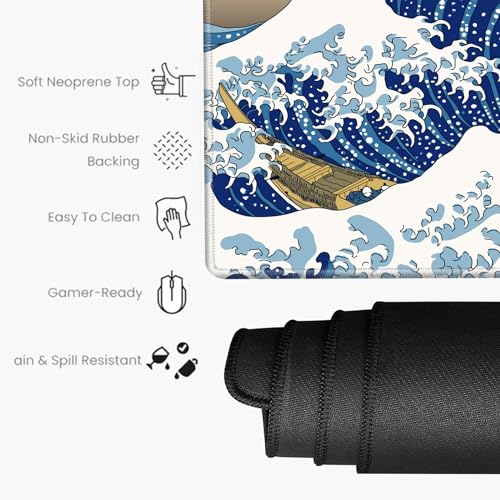 Image of 24x48 Mouse Pad Gaming Desk Mat Giant Japanese Sea Wave Mousepad Large Desk Pad Oversized Huge Computer Mat 3XL Mouse Pads for Protector Desktop Office
