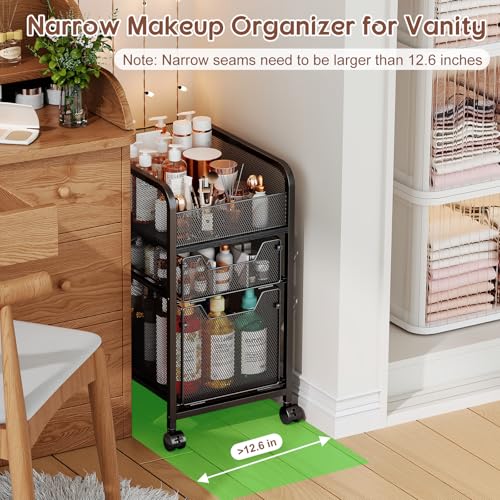 Hongtamoya Rolling Makeup Cart Organizer with 2 Drawers, Narrow Floor Skincare Organizers, Vanity Organizer Cosmetics Display Cases Holder for Skin Care Nail Polish Perfume Makeup Brush, Black by Hongtamoya - Used condition - Image 2