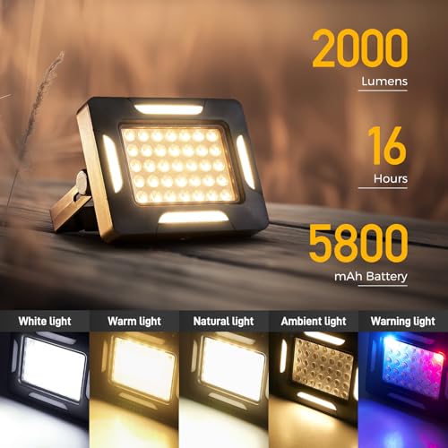Image of LED Solar Portable Camping Lights with Stand dimmable, 2000LM, Solar Rechargeable Work Lights with Magnetic，IP67 Waterproof, 5 Light Modes Portable Flood Light, Camping Lantern for Indoor Outdoor