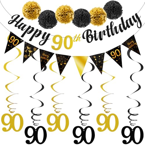 TOBATOBA 90th Birthday Decorations Kit for Men Women Black Gold Happy 90th Birthday Banner Triangle Flag Banner 90th Birthday Party Decorations Swirl Streamers Paper Pompoms Party Supplies