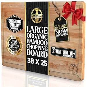 Deer & Oak Large Cutting Board 38 x 25 x 2cm, Pre-Oiled Wooden Bamboo Chopping Board for Carving Meat, Fish, Vegetables, Fruits, Cheese, Bread