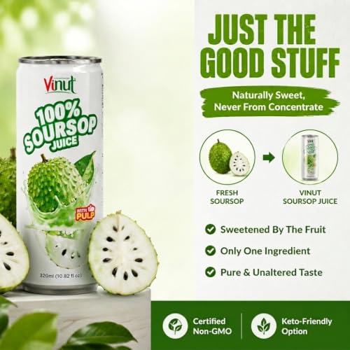 Image of VINUT 100% Soursop Juice with Pulp (Guanabana, Graviola), No Added Sugar, Not From Concentrate, Gluten Free & Non-GMO Drink, 100% Vegan /Plant-Based, 10.82 fl oz Cans (Pack of 12)