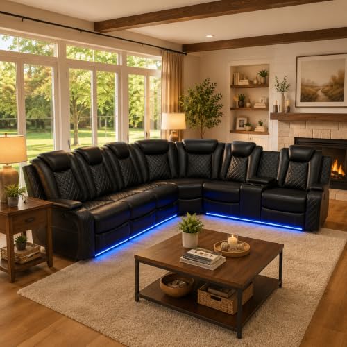 Image of Power Recliner Sectional Sofa Set with USB, LED & Storage - Black Leather Reclining Couch with Cup Holders & Pull-Down Table - Modern Living Room Furniture Set for Home Theater Comfort
