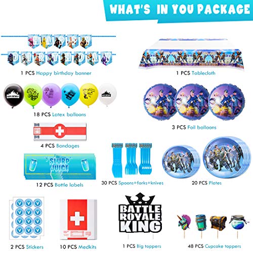 DMIGHT Mega Birthday Party Decorations,Video Game Party Supplies,172pcs Gaming Theme party favors, include Flatware Set,Plates,Table Cover, Cake Toppers, Balloons, Button Pins, Chocolate Stickers and Bottle Labels - Thumbnail 2