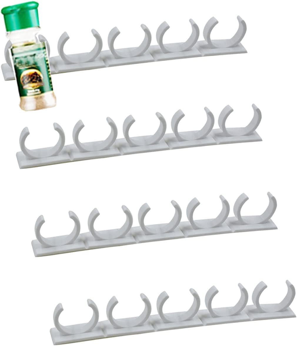4 Pack 20-Clips Spice Gripper Clip Wall Mounted Kitchen Spice Jar Rack,Organiser Rack,Seasoning Jar Storage Holder,Bottles Clip,Cupboard Spice Rack Cabinet Door with Adhesive Tape