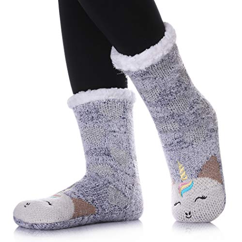 TRUEHAN Womens Fuzzy Slipper Socks Cute Cartoon Animal Grippers Warm Cozy Winter Home Socks (Unicorn)