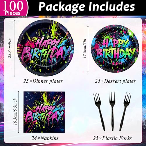 Image of Qyeahkj 100 Pcs Neon Birthday Party Supplies Colorful Graffiti Paper Plates and Napkins Set Disposable Glow Neon Happy Birthday Tableware Decorations for Party Favors Serves 25