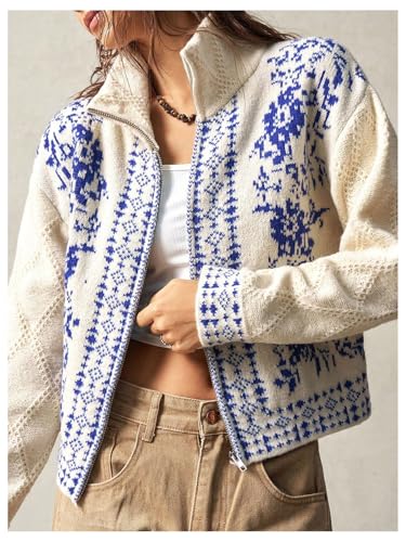 Milumia Women's Zip Cardigan Sweaters Boho Floral Printed Long Sleeve Knitwear Outerwear3