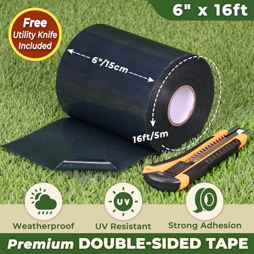 Image of Double-Sided Artificial Grass Tape (6inx16ft), Self Adhesive Artificial Grass Seaming Tape, Indoor Outdoor Carpet Tape for Concrete, Tape for Jointing Fixing Fake Green Lawn, Synthetic Turf Rug | Secure Tape Holds Synthetic Lawn Rugs Mats Carpets On Smooth Tile Wood Concrete Floors Patios Balconies Indoor Outdoor