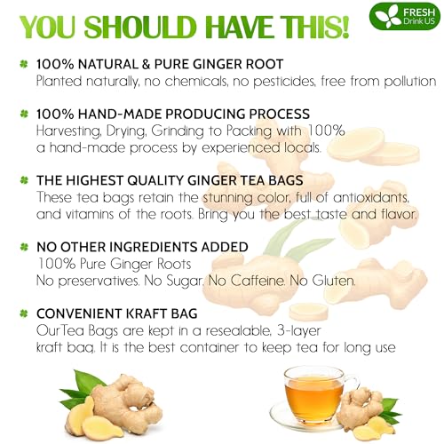 Image of FRESHDRINKUS 55 Ginger Tea Bags, 100% Natural & Pure Herbal Tea, No Sugar, No Caffeine, No Gluten, Vegan