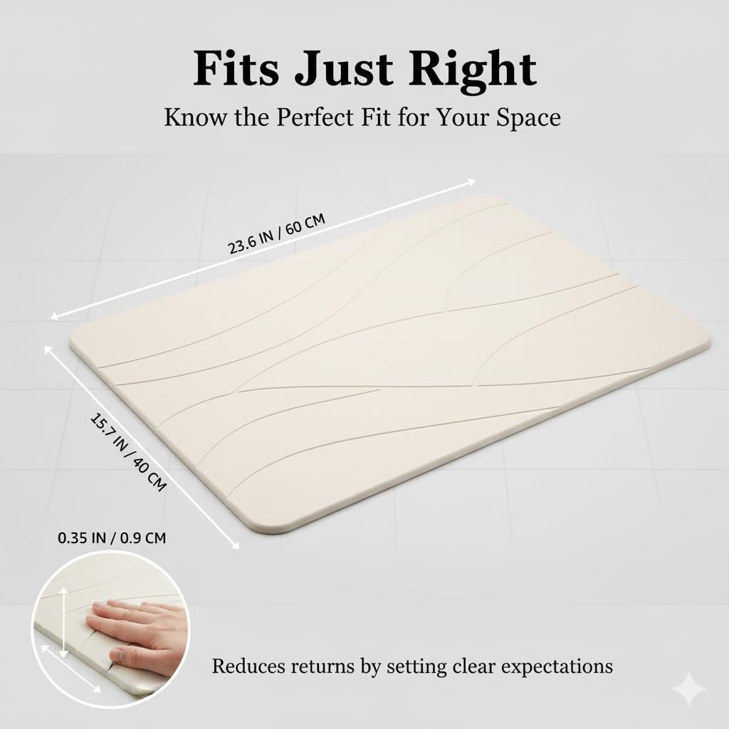 White Stone Bath Mat – Quick Dry Diatomaceous Earth Bathroom Mat, Non-Slip & Absorbent Fast Drying Floor Mat, Easy to Clean, Modern Spa-Style Shower Mat