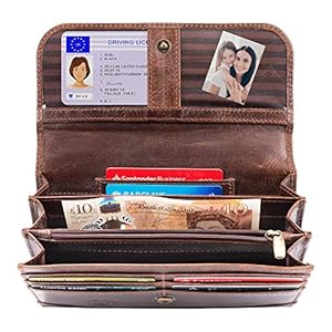 moonster Leather Purses for Women, Real Leather Womens Purse w/RFID Protection, Large Capacity Ladies Purse – 2 Zip, 3 Open & 2 Clear Pockets + 9 Card Slots, Wallet for Women Classic Brown 20x10cm