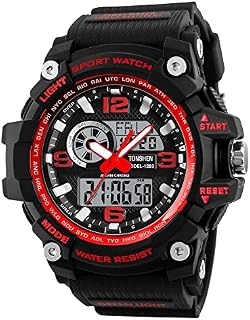 TONSHEN Mens Large Dial Digital Watch Outdoor Military 50M Waterproof Analog Quartz LED Electronic Three Time Plastic Case with Rubber Band Multifunction Sport Wrist Watches