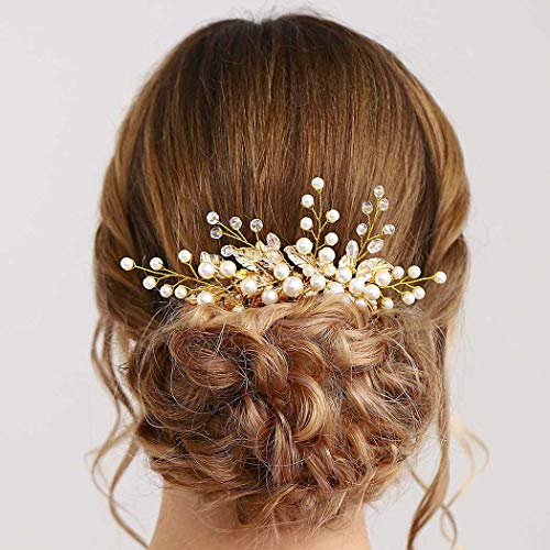 Yean Wedding Hair Comb Gold Leaf Headpiece Pearl Crystal Hair Accessories for Brides and Bridesmaids