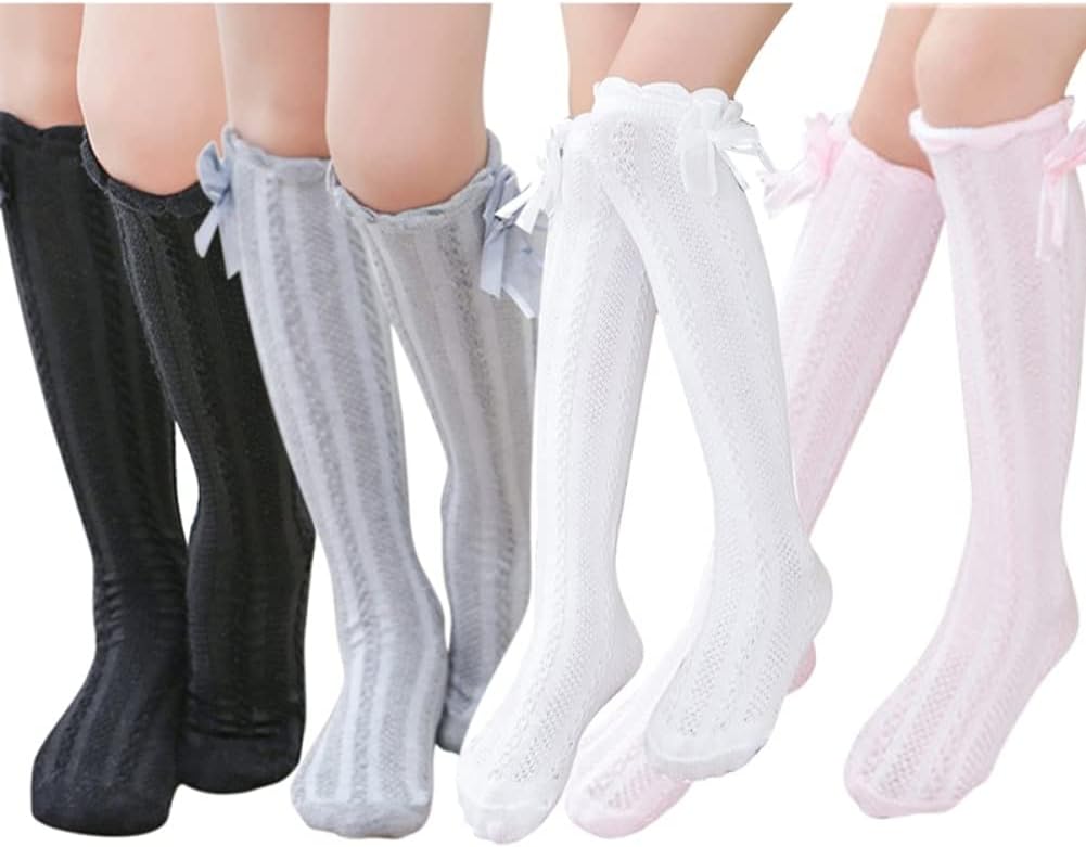 Toptim Little Girl's Knee High Socks Over Calf Kids Overknee Stockings Bow Style 3-12T(Pink/White/Grey/Black)
